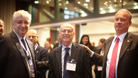 Professor Michele Maugeri (center), joined by IGS Past Presidents Jorge Zornberg (left) and Daniele Cazzuffi (right), September 2014, Berlin. Prof. Maugeri was recognized for his many years of contributions to the IGS during the IGS Awards ceremony and was greeted with a standing ovation.