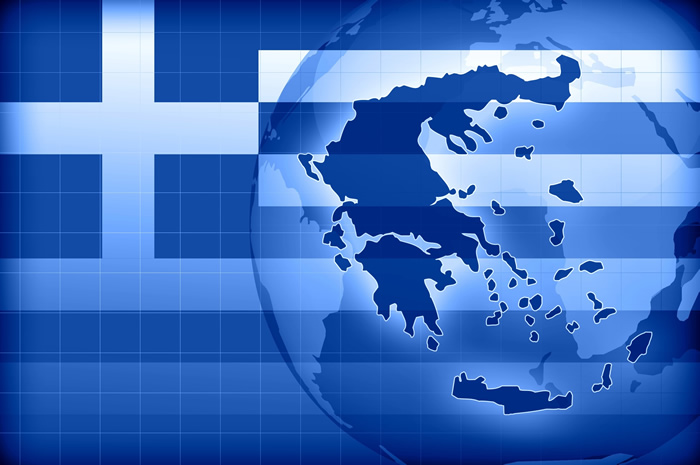 Graphic of Flag of Greece in background with a ghosted globe in foreground. Greece is bold on the globe map and exaggerated in size to stand out.